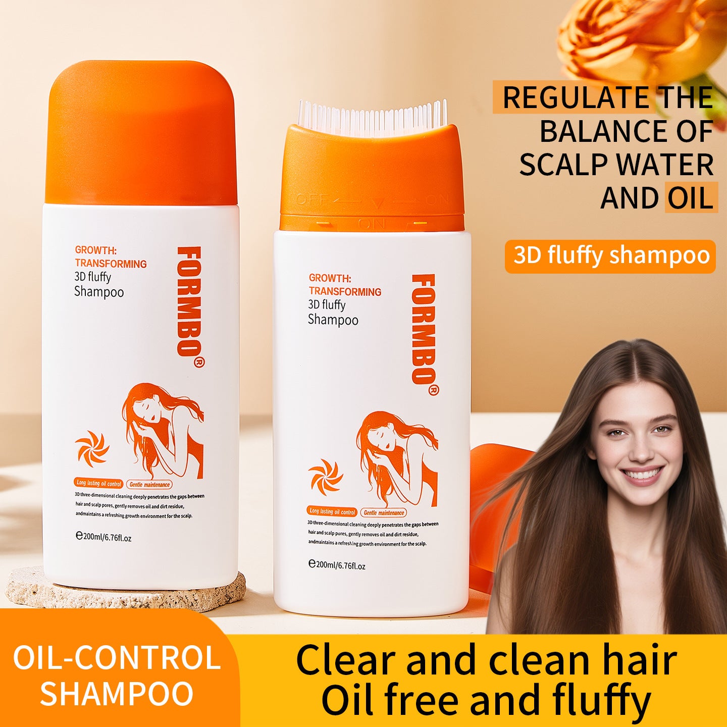 Two shampoo bottles, one with the silicone scalp brush cap open, beside a smiling model