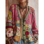 Women's V neck button front knit cardigan in the Pink Floral Patchwork print worn open over a white top