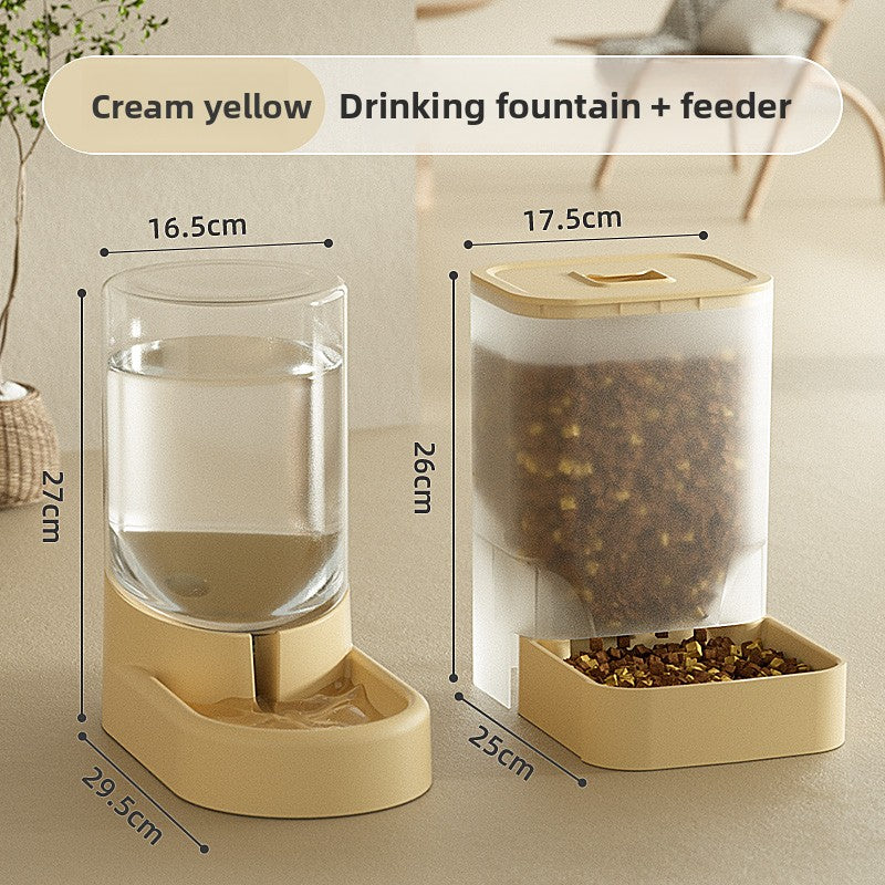 Gravity pet feeder and waterer combo shown from above on a wood floor