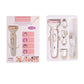 Rechargeable grooming kit retail box and tray with a foil shaver, heads, and USB cable