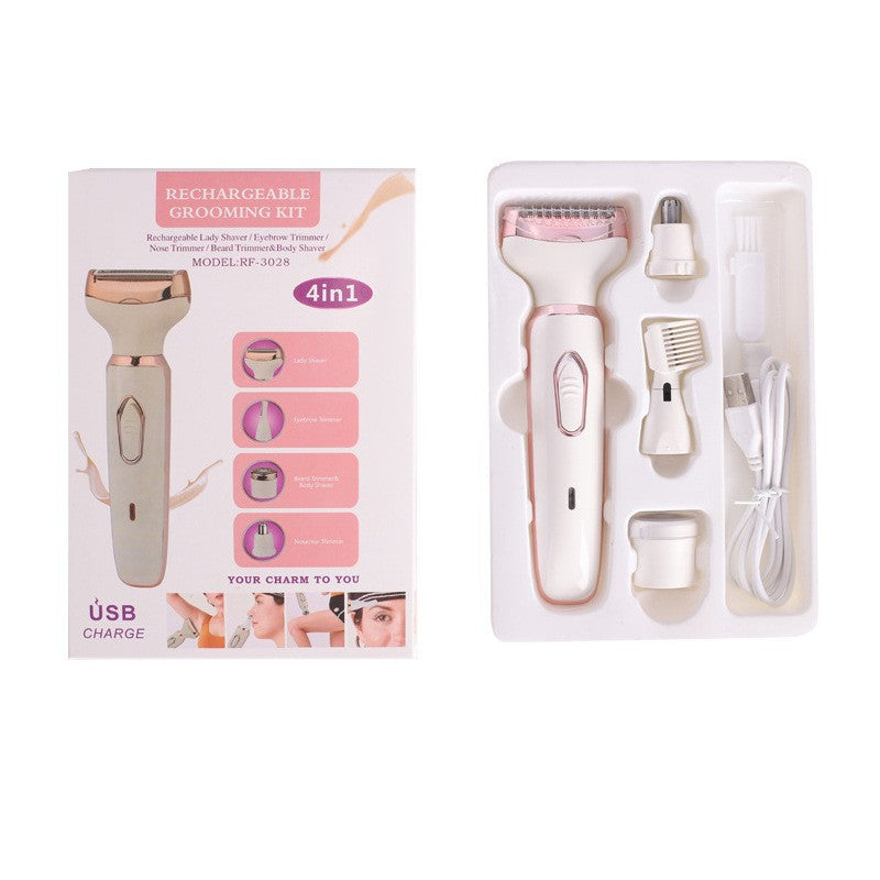 Rechargeable grooming kit retail box and tray with a foil shaver, heads, and USB cable