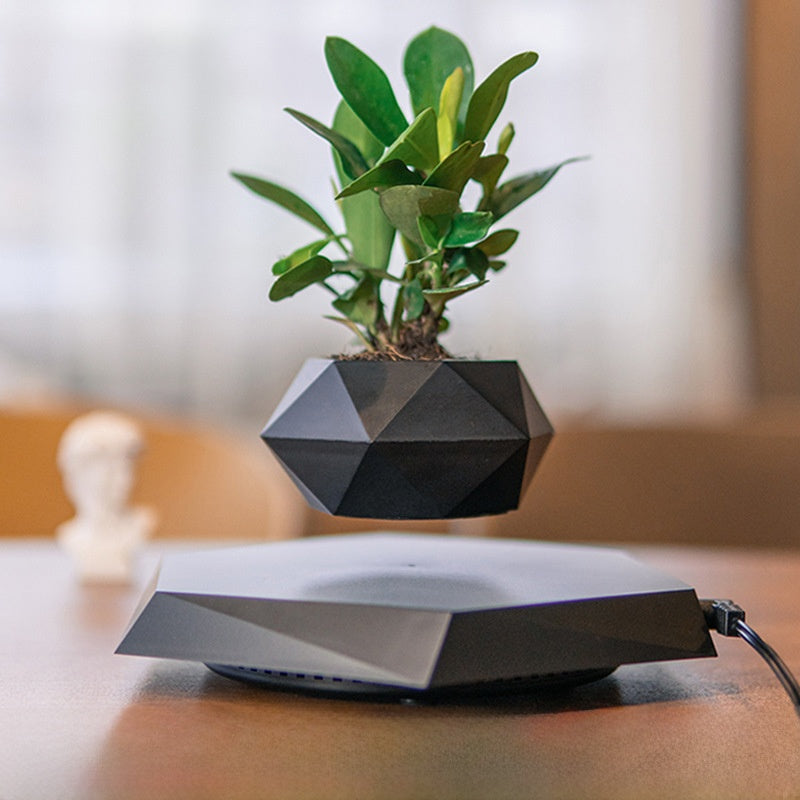 Floating black planter with a green artificial plant hovering above a base on a wooden table