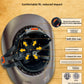 Inside view of hard hat six point suspension Y chin strap and sweatband labels