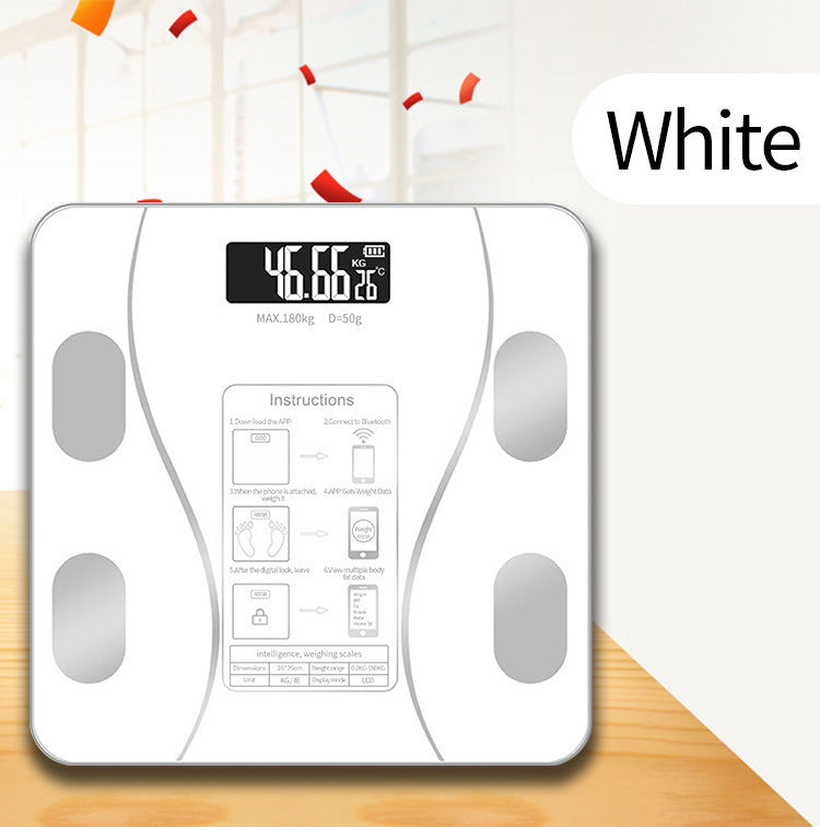 Body fat scale paired with a phone app showing body composition estimates