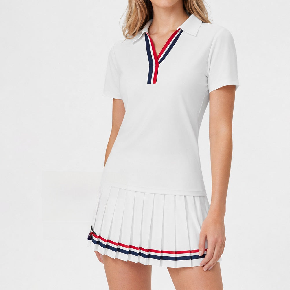 Women's quick dry polo shirt with open lapel collar and striped V placket, front view on model