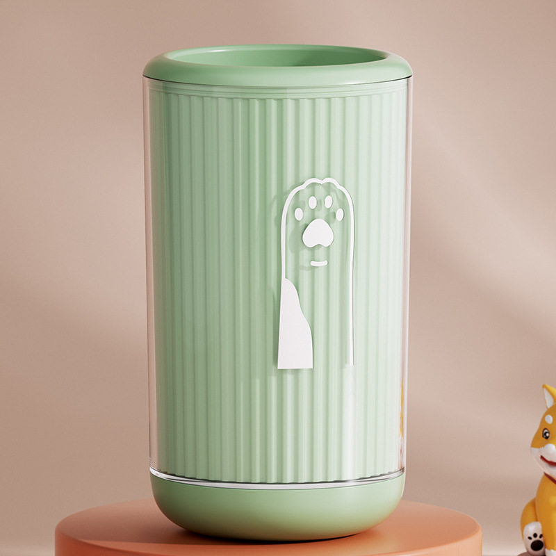 Green pet paw wash cup with a white paw print graphic, large size, on a studio pedestal