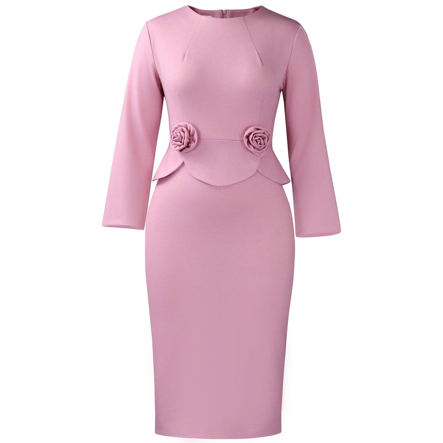 Pink peplum bodycon midi dress flat on white, sculpted roses and scalloped flounce, Pink option