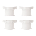 Set of four white plastic bed sheet holders with peg and ribbed base, front view