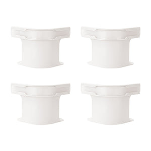 Set of four white plastic bed sheet holders with peg and ribbed base, front view