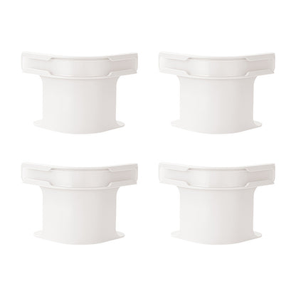 Set of four white plastic bed sheet holders with peg and ribbed base, front view