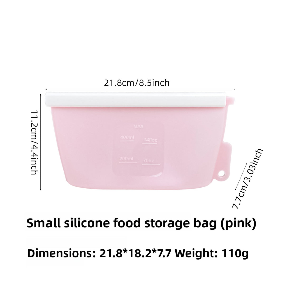 Reusable pink silicone food storage bag, 400ml size, standing sealed upright