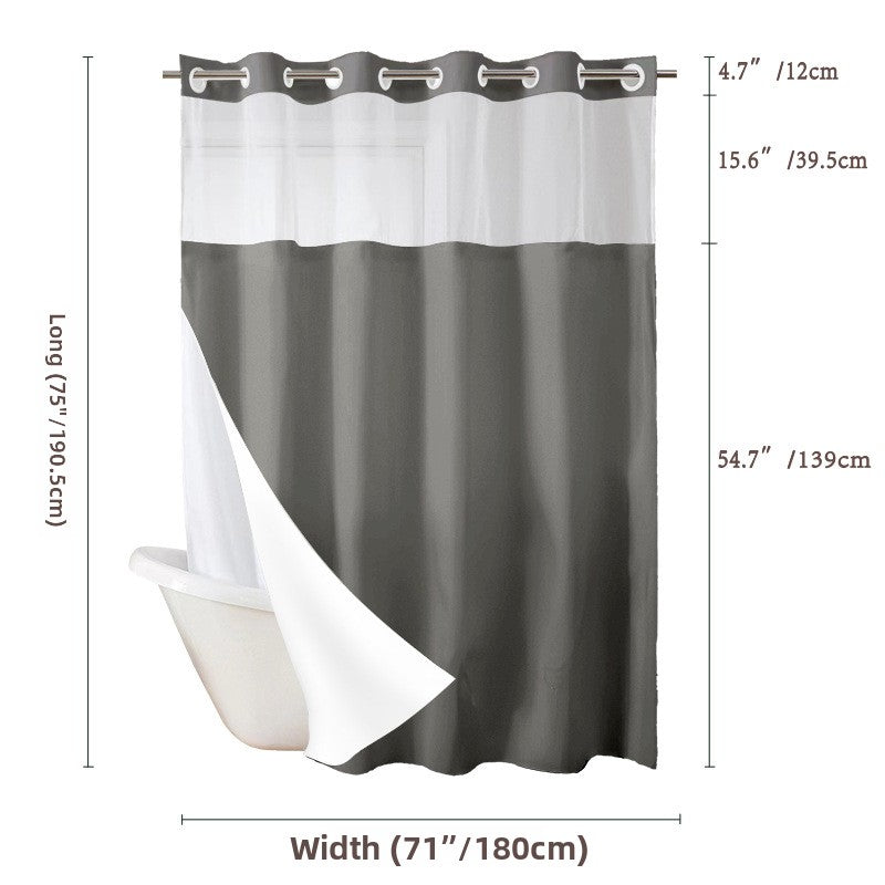 Waterproof shower curtain drawn across a tub surround in use