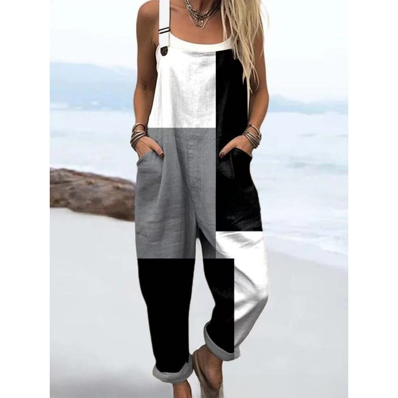 Womens printed sleeveless overall jumpsuit with button adjustable straps and front pockets