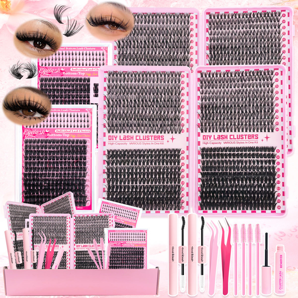 DIY false lash cluster kit with trays of D curl clusters in mixed lengths and pink cases