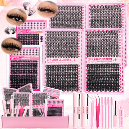 DIY false lash cluster kit with trays of D curl clusters in mixed lengths and pink cases