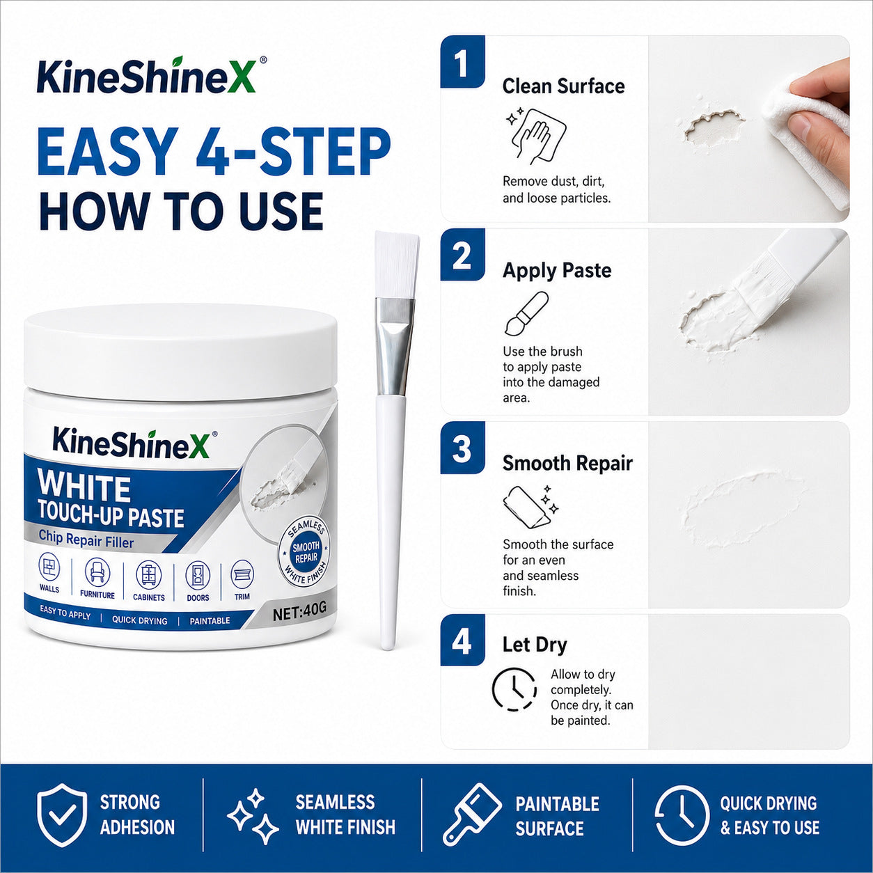 Four step how to use panel for the white touch up paste, clean, apply, smooth then let dry