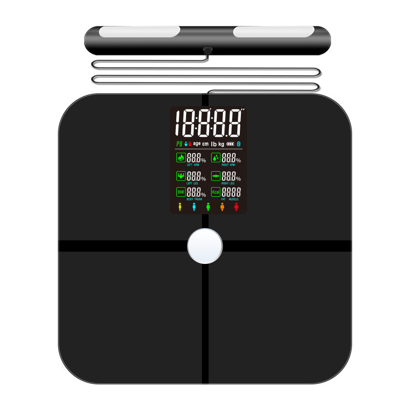 Black body fat scale top view with the handheld electrode bar and coiled cable above the screen