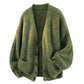 Green ribbed knit V-neck cardigan with buttons and patch pockets, Green option, size M
