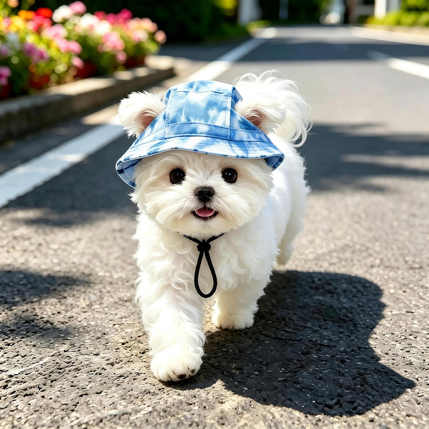 Pet bucket sun hat with ear holes and chin cord in brown cow print