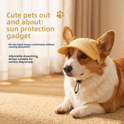 Corduroy pet baseball cap on a dog with a soft brim and ear openings
