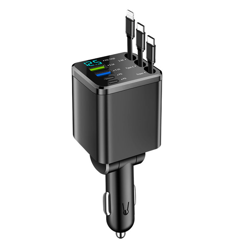 Black M14 car charger with three retractable Type-C cables on a white background