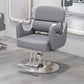 Black salon styling chair with silver metal armrests on a brushed silver square base