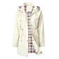 Purple women's hooded windbreaker with a tartan check lining shown open