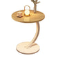 Light wood top round side table on a white C shaped frame and disc base, a frame color not offered in the options