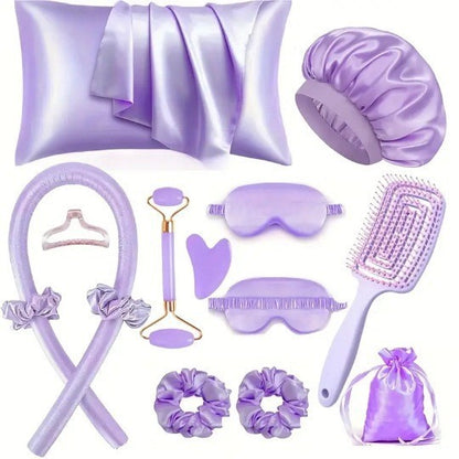 Purple heatless curling rod set with pillowcase, bonnet, eye masks, scrunchies, face roller, gua sha and hair brush