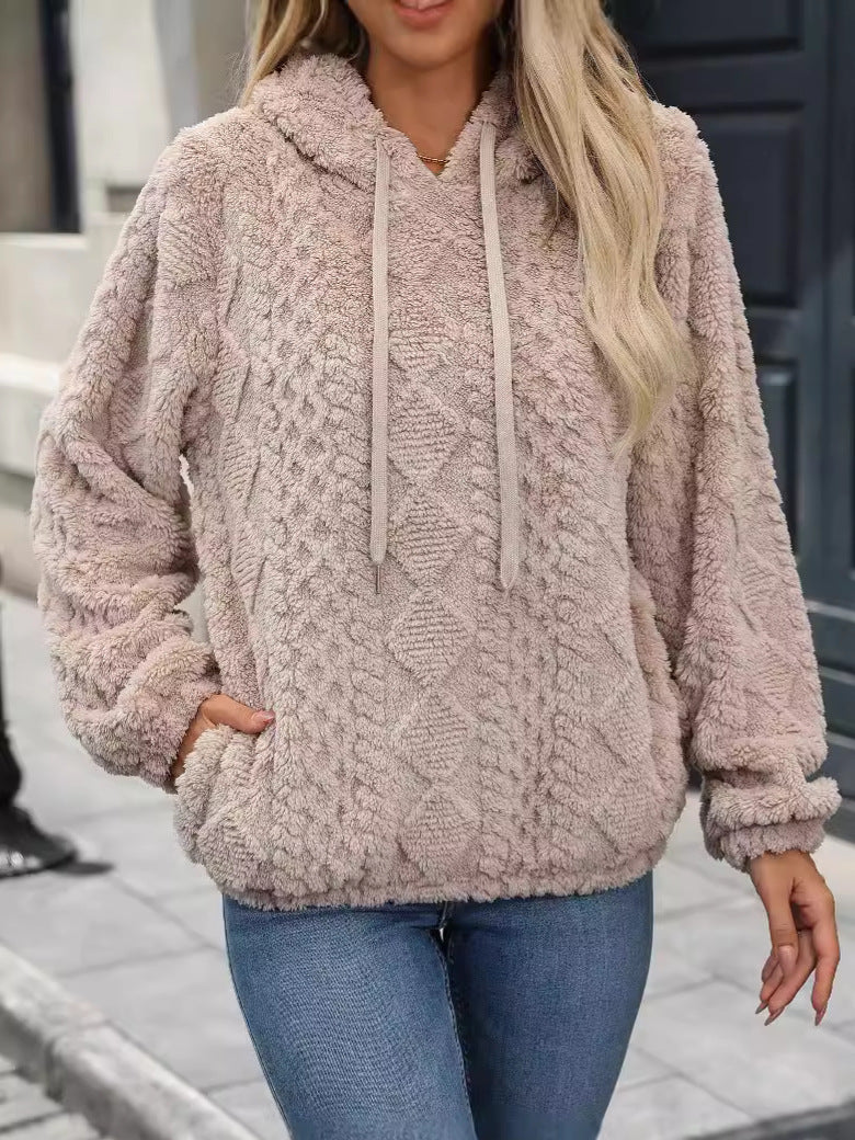 Plush jacquard hoodie styled over a tee in a casual everyday outfit