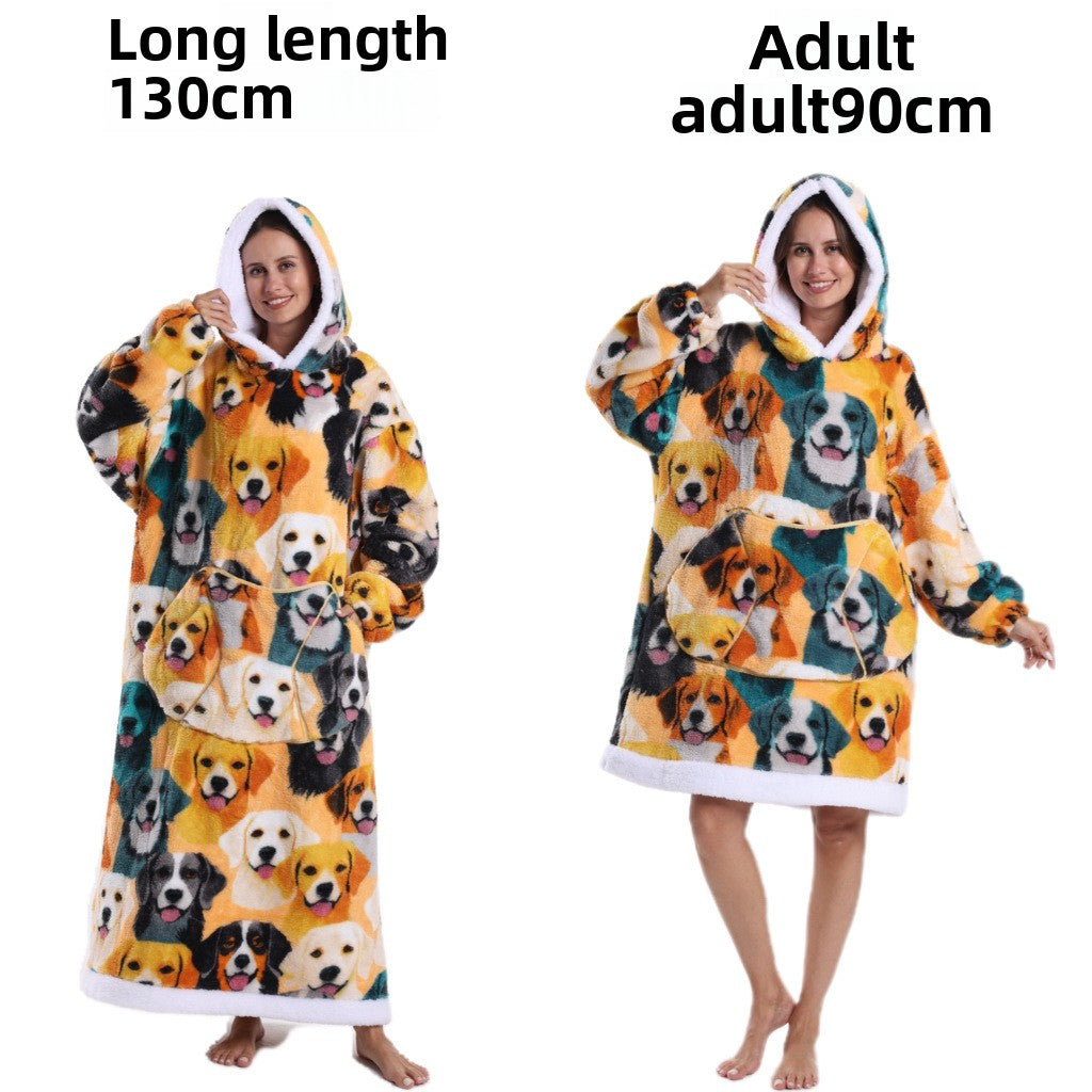 Golden Dog hooded fleece pullover, orange with many dog face prints, 90 cm adult length option