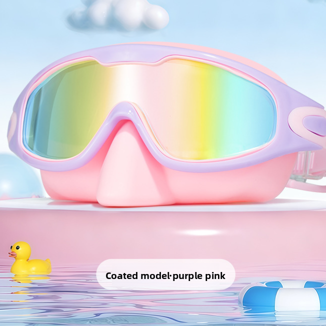 Close view of the wide frame and soft silicone seal of the large frame swim goggles