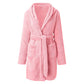 Pink plush hooded fleece robe with tie belt, on a plain white background, size S option