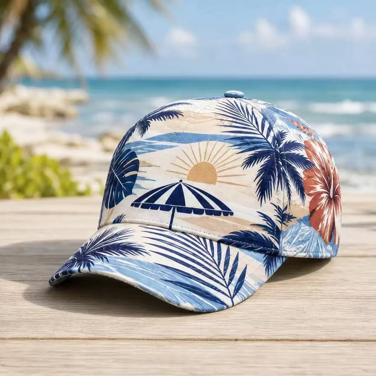 Short brim floral cap in a soft pastel base with printed blooms and leaves