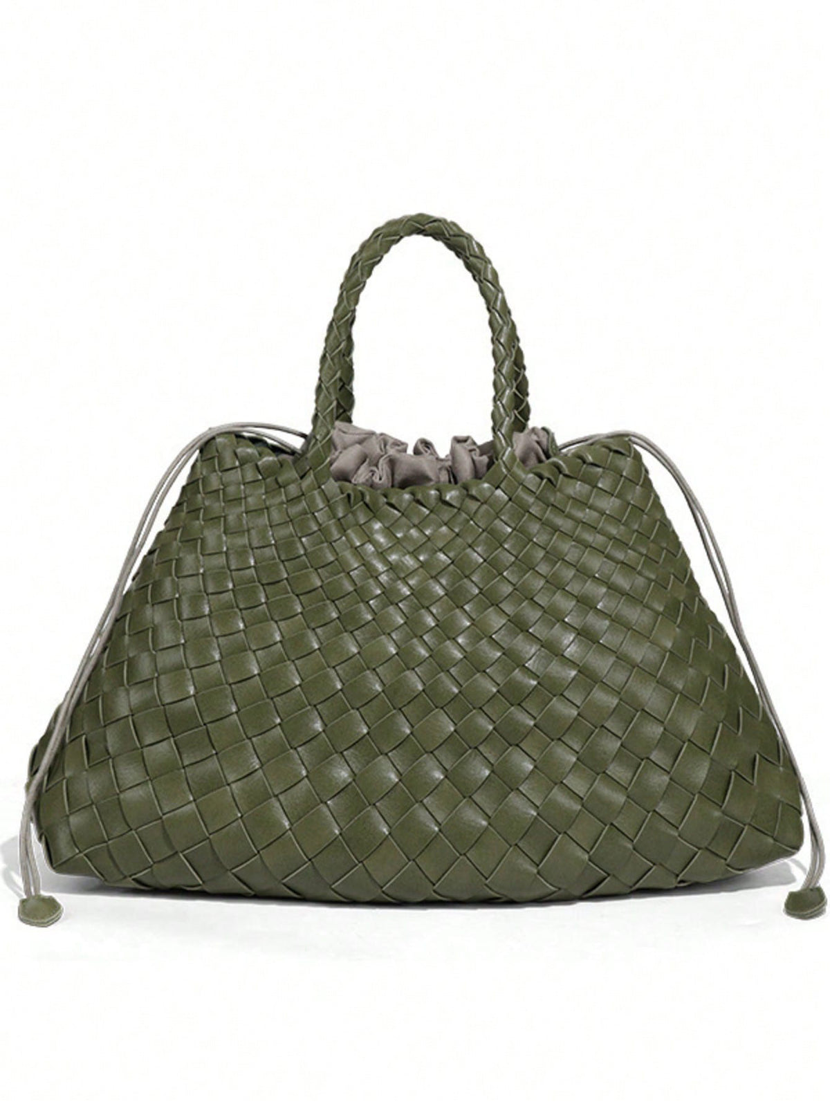 Matcha green woven handbag with braided handles and drawstring cords, Matcha green variant
