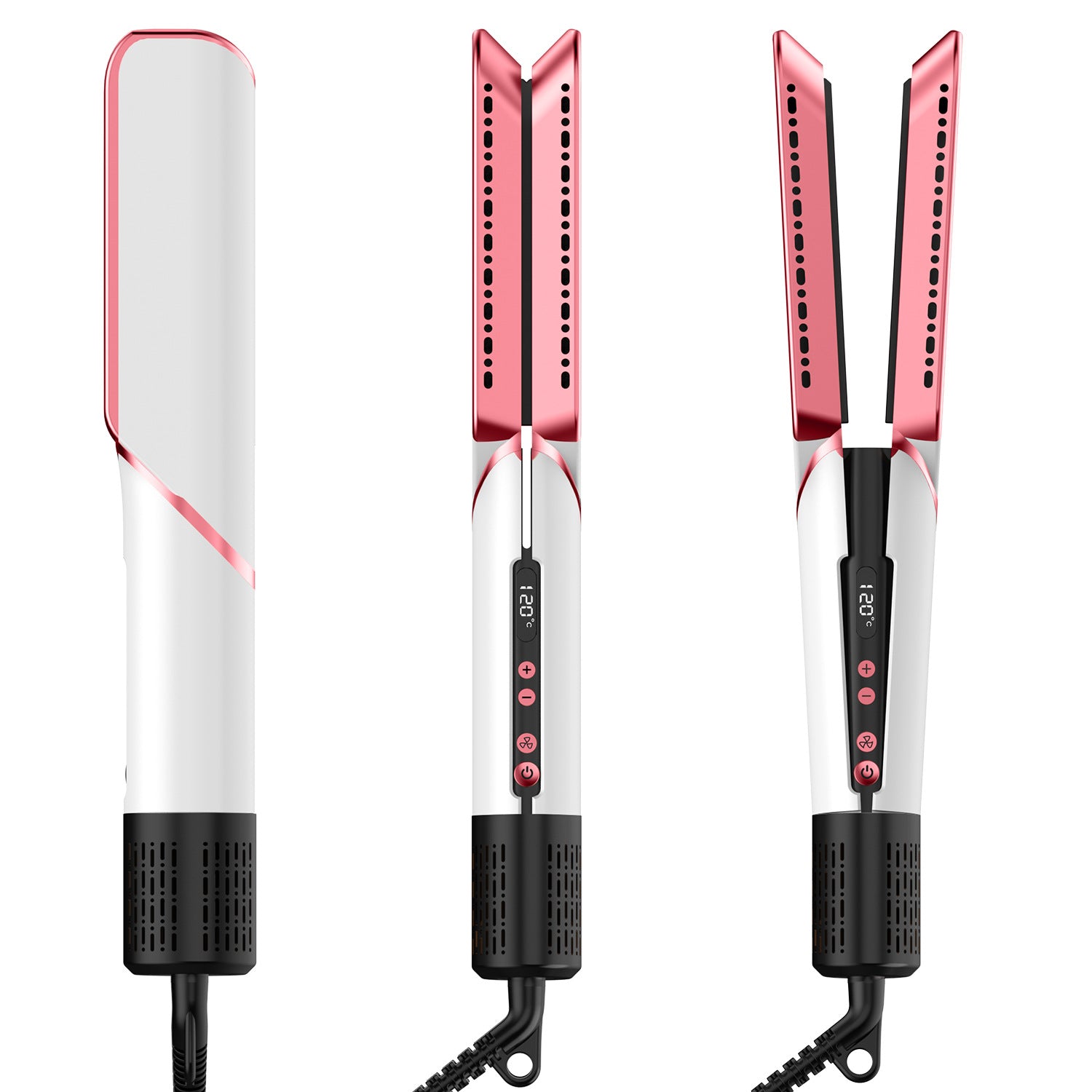 White flat iron with floating plates and plus and minus heat buttons on the handle