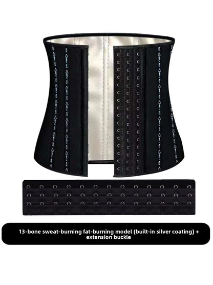 Black boned sweat waist trainer front view showing the three column hook closure