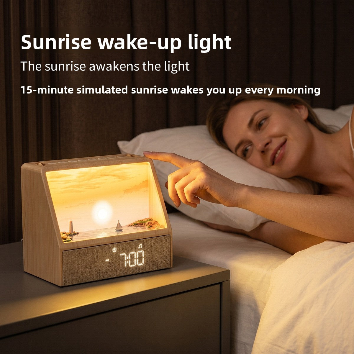 Wood grain sunrise wake up light with a lit sunset scene and woven front digital clock face