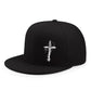 Cotton flat brim baseball cap with a white cross front and an adjustable back strap