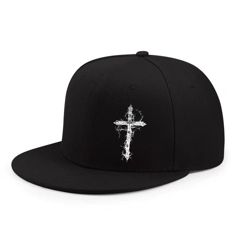 Cotton flat brim baseball cap with a white cross front and an adjustable back strap