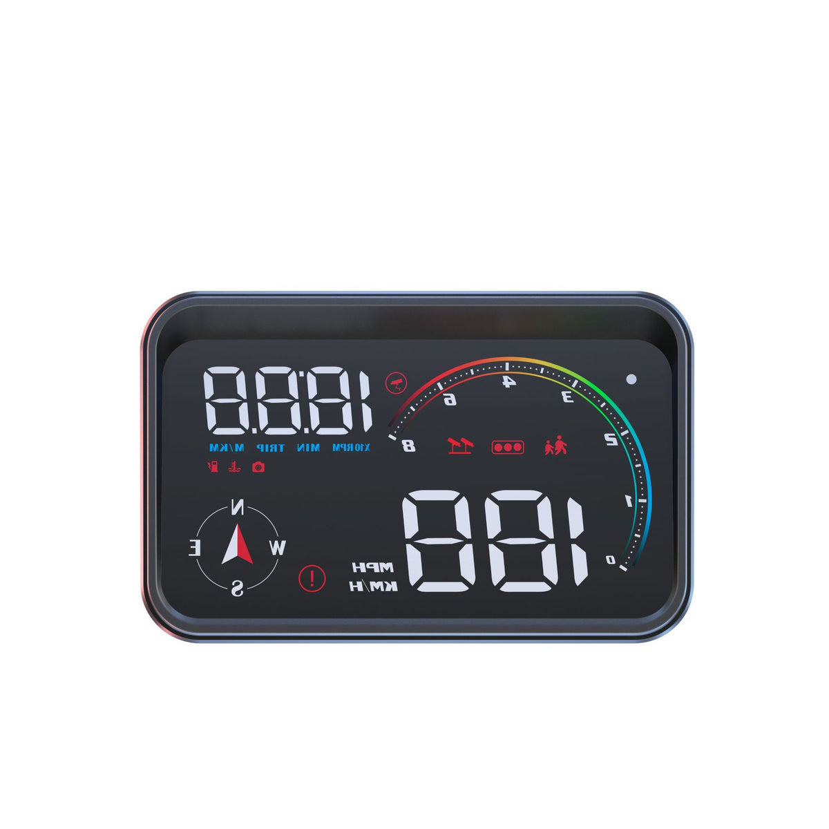 HUD screen showing dual mph and km per hour speed with a compass and RPM gauge