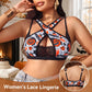 Model wearing the white pumpkin print bra with crossed bands, a keyhole opening and a black lace panel, front view