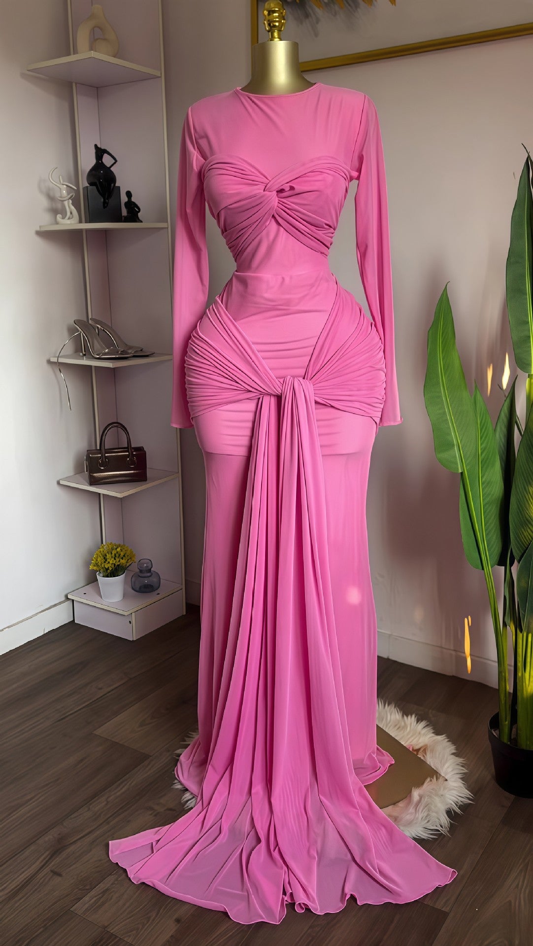 Pink long sleeve maxi dress with twisted bust and draped front tie, pink color, size XXL option photo
