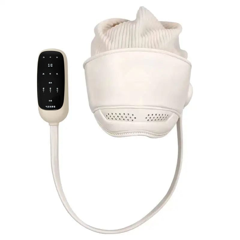 Cream hooded head and eye massager with a corded button handset and a vented eye panel on a white background
