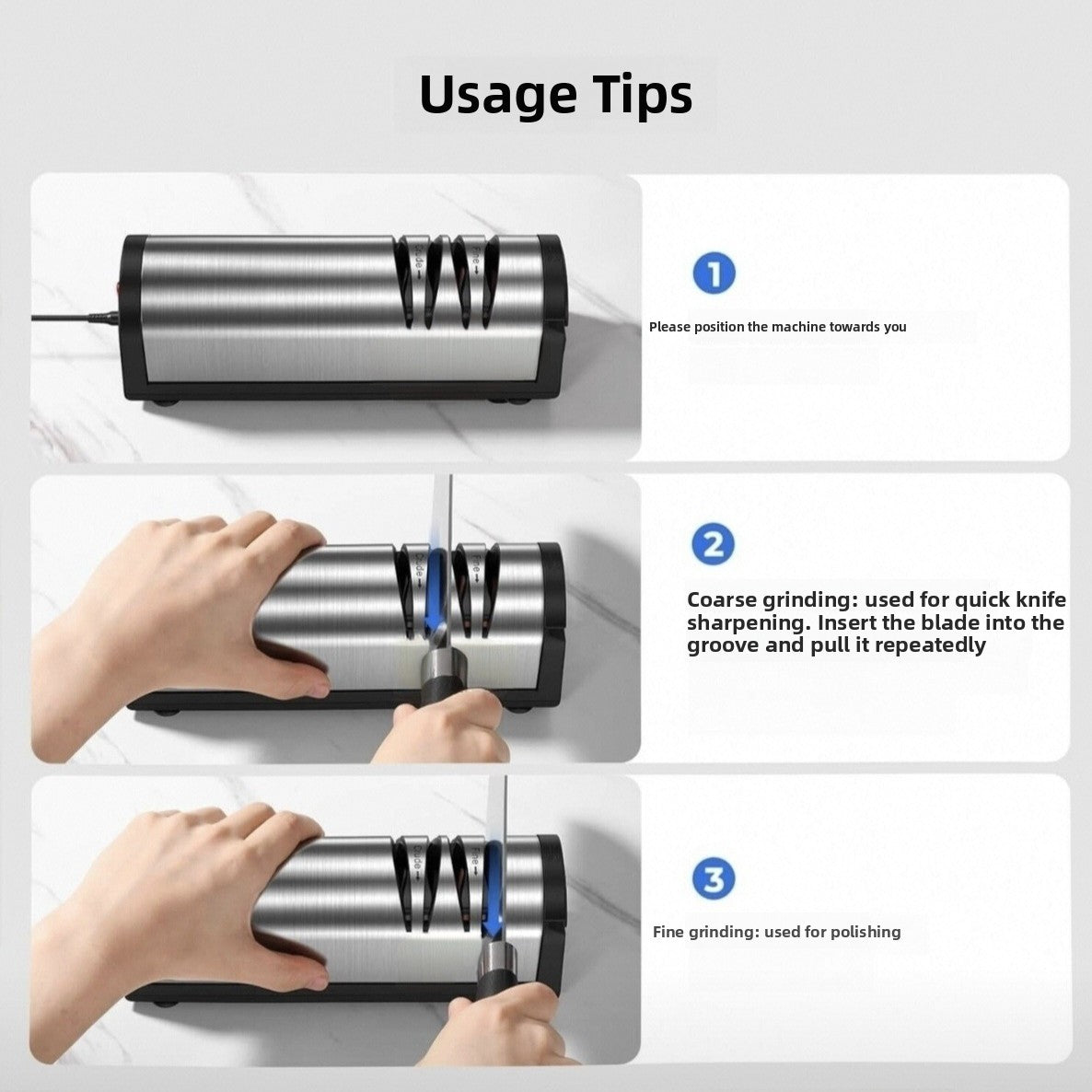 Usage steps for the electric knife sharpener showing coarse then fine grinding of a blade