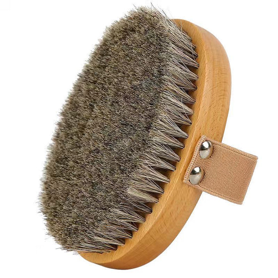 Natural Bristle Dry Brushing Body Brush with Wood Base and Hand Strap