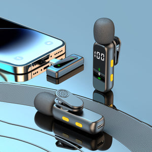 Wireless lavalier mic and receiver plugged into a smartphone charging port