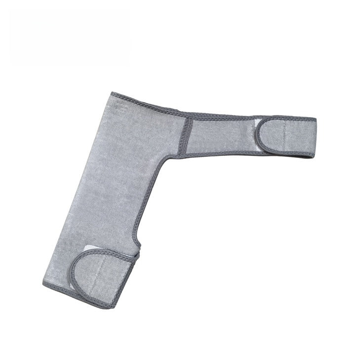 Gray wearable shoulder support brace with hook and loop straps, flat product view