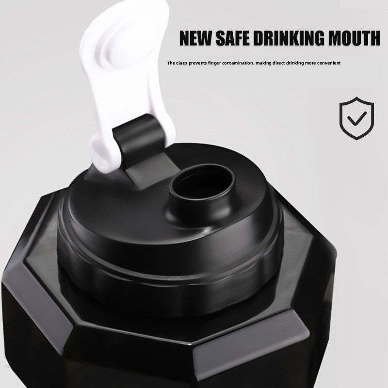 Side view of the fillable dumbbell bottle showing the diamond textured centre column