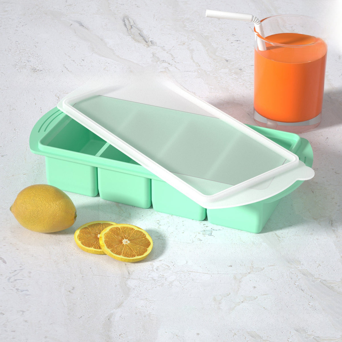 Flexible platinum silicone ice cube tray with a rectangular tray for the home freezer